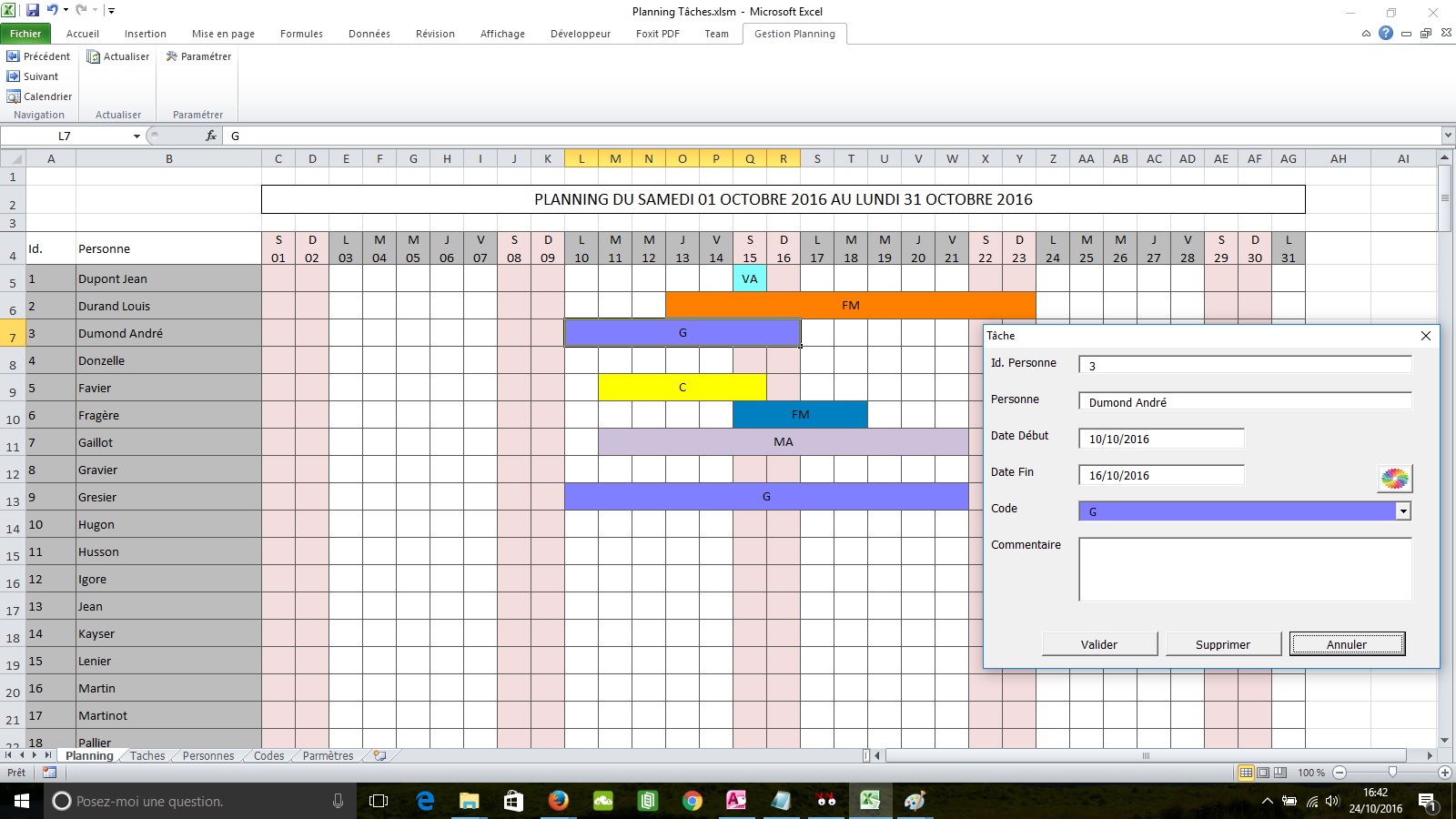 Module de classe clPlanning pour Excel